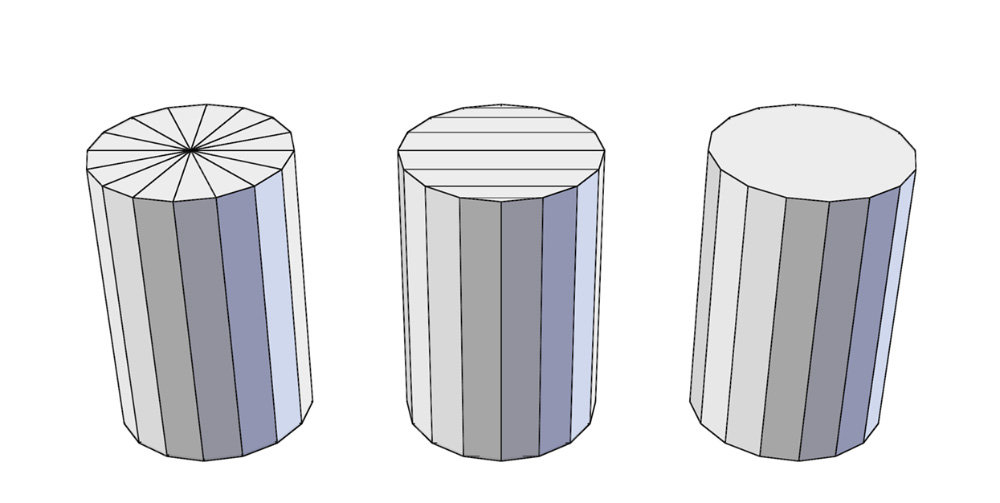 The same cylinder cap can be made up of triangles, quads, or an n-gon.
