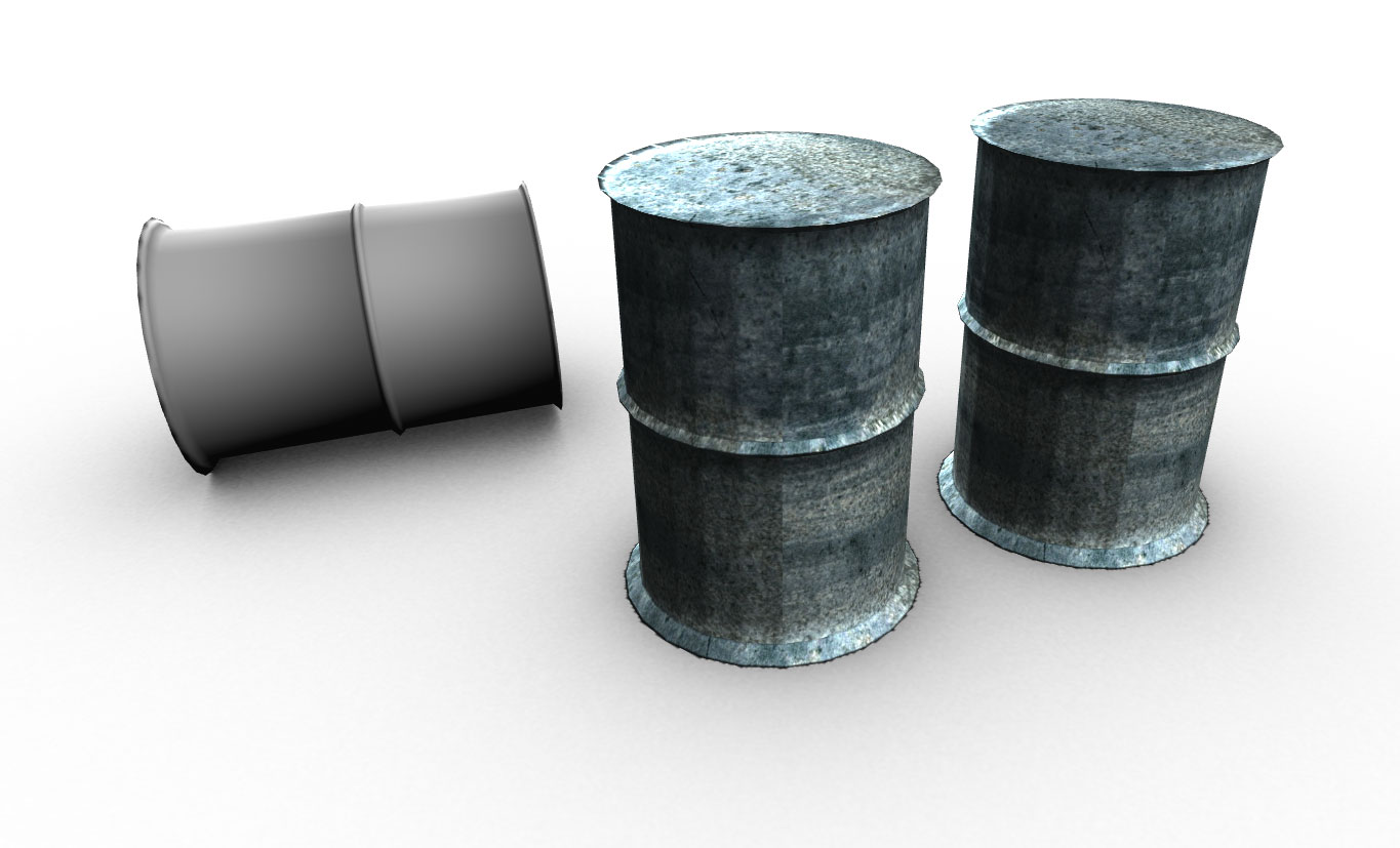 Oil barrel models without and with textures applied