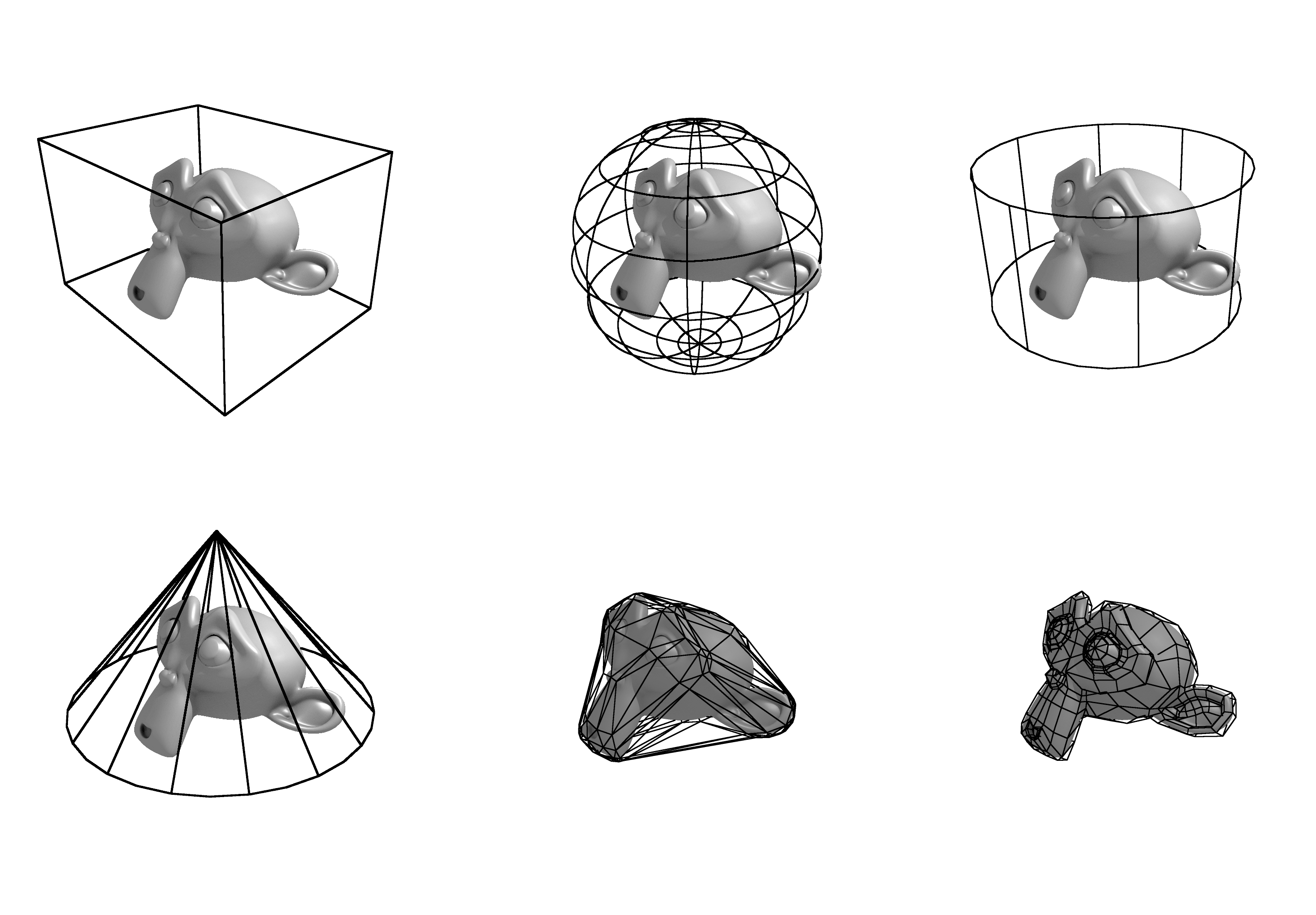 Collision bounds visualization: Top row: box, sphere, cylinder; Bottom row: cone, convex hull, triangle mesh
