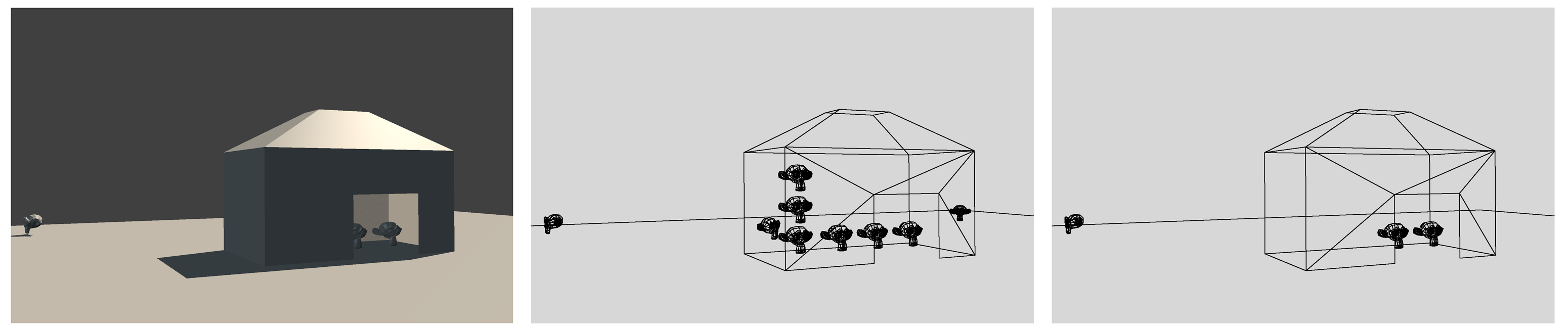 Object Culling: game view (Left), no occluder (Centre), house as occluder (Right)